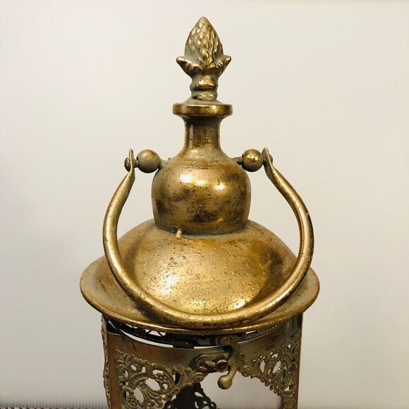 Decorative Lantern Round Gold Tone Metal Glass 15" w/ Handle Christmas Decor - Picture 2 of 8